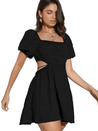 aahwan solid summer beach square neck puff sleeve cut out waist black dress for women's & girls (263-black-m)