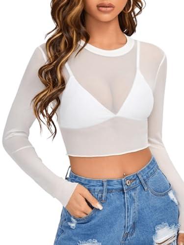 aahwan white mesh long sleeve sheer slim fit without bra crop top for women's & girl's (275-white-s)