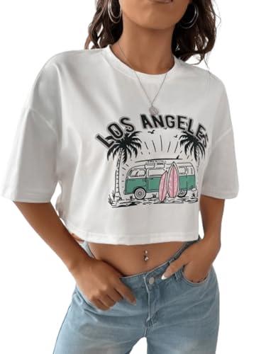 aahwan white solid car & letter graphic drop shoulder crop tee top for women's & girls (266-white-xs)