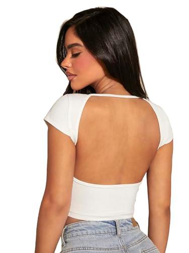 aahwan white solid tee backless western stylish short sleeve ribbed crop top for women's & girls (273-white-m)