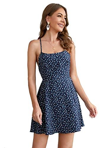 aahwan women's polyester dark blue backless lace up ditsy floral printed mini cami dress (186-darkblue_s)