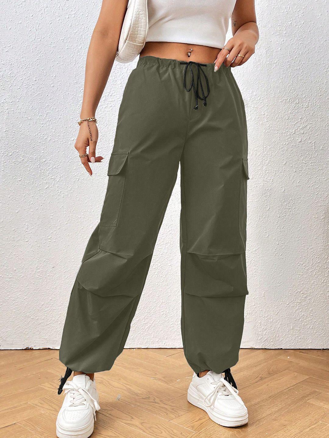 aahwan women loose fit high rise drawstring cotton cargos trousers