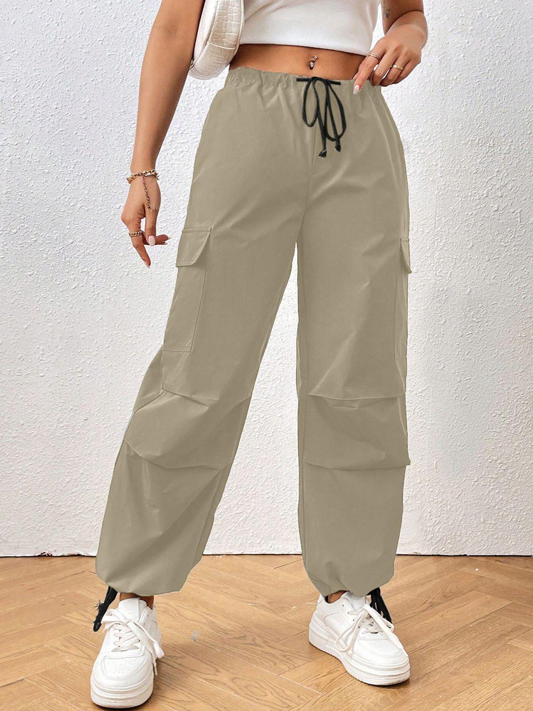 aahwan women loose fit high rise drawstring cotton cargos trousers