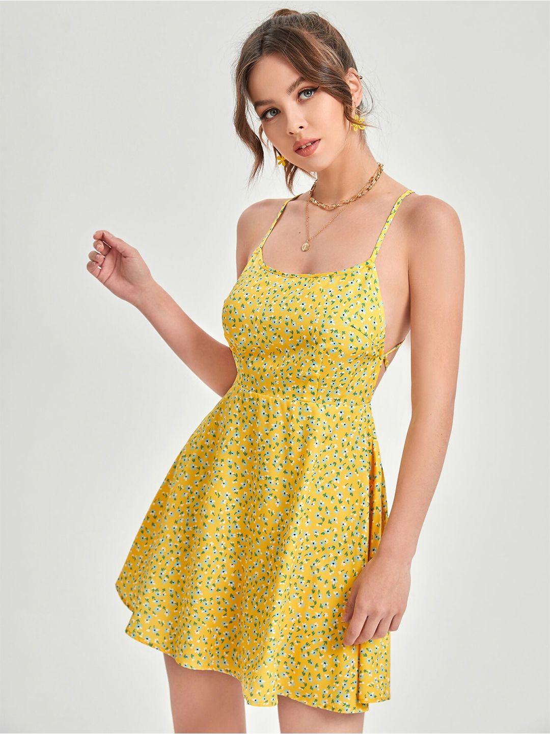 aahwan women yellow floral print backless dress