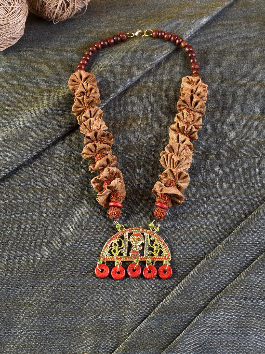 aakriti art creations beige & gold-toned brass handcrafted tribal dhokra necklace