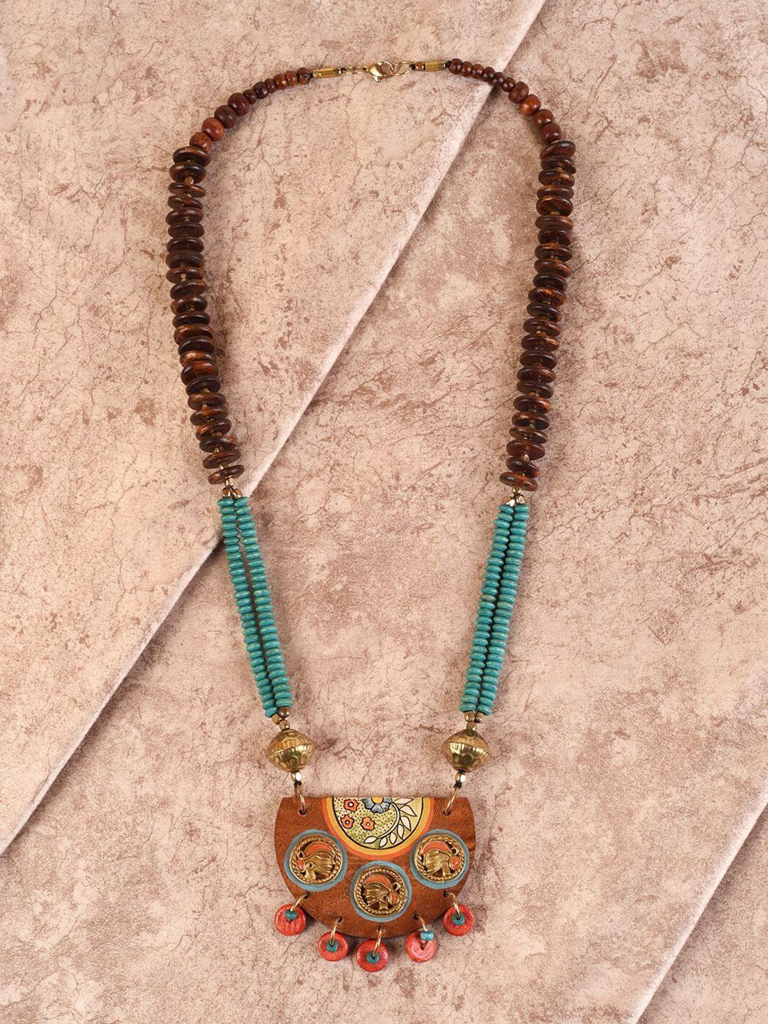 aakriti art creations blue & brown brass dhokra necklace