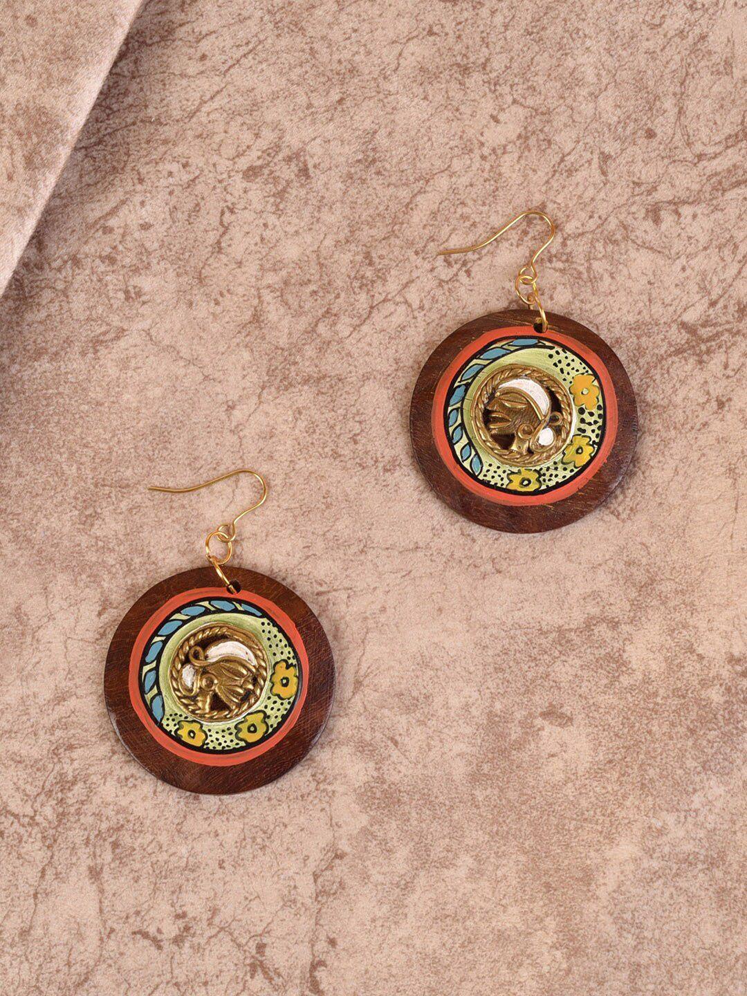 aakriti art creations brown & gold-toned circular drop earrings