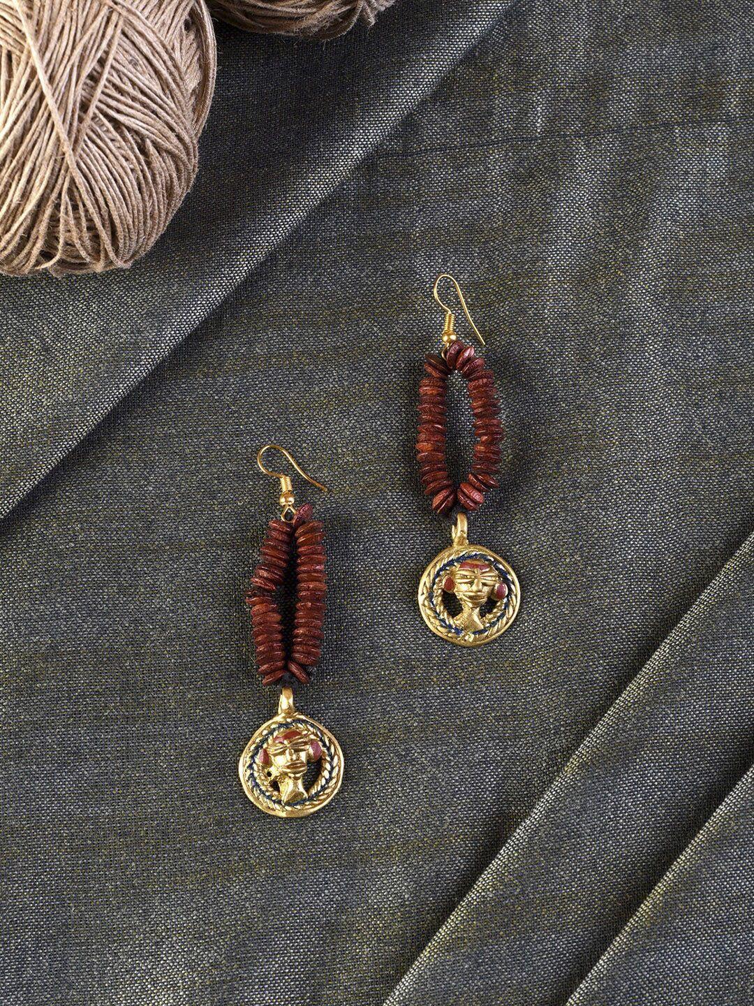 aakriti art creations brown & gold-toned contemporary drop earrings