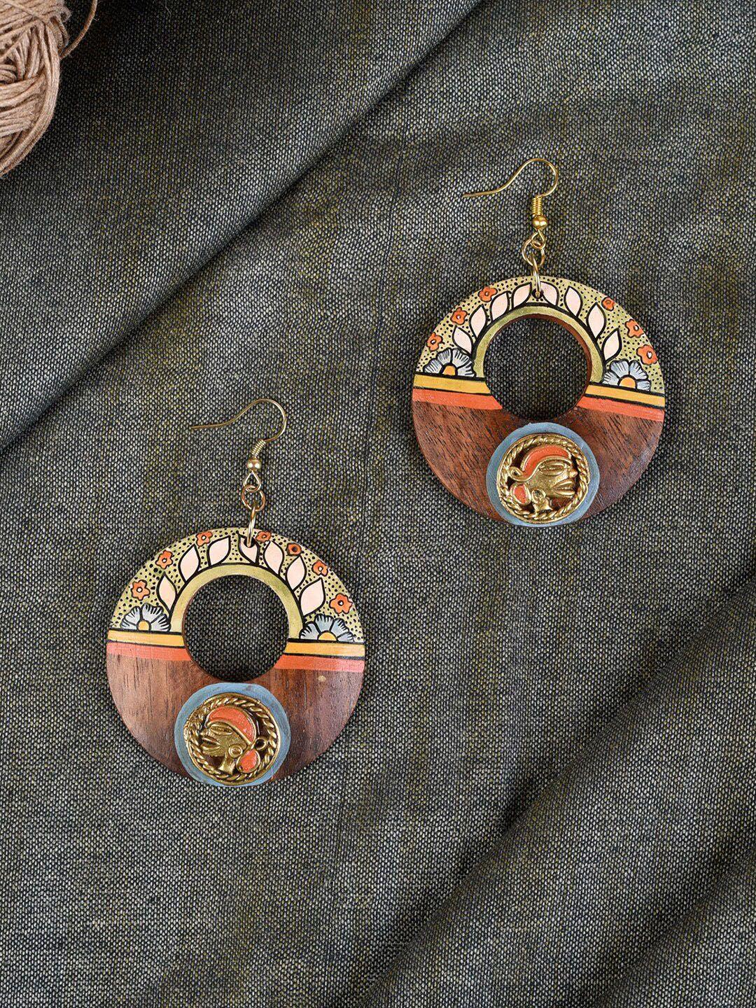 aakriti art creations brown & white tribal drop earrings