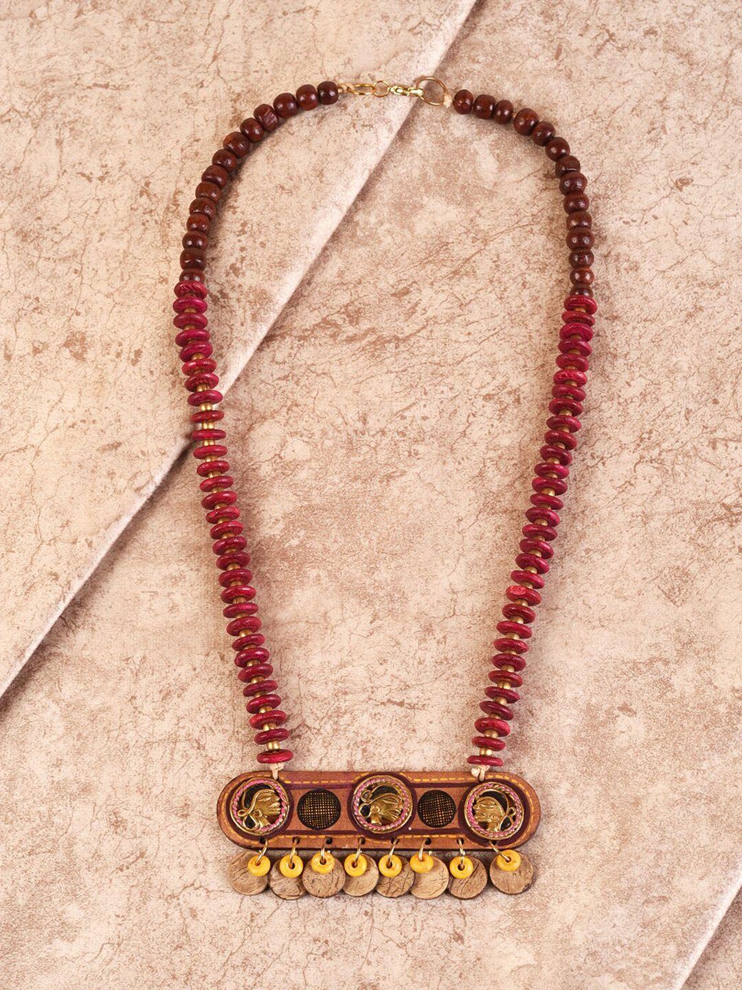 aakriti art creations maroon & copper-toned brass tribal dhokra necklace