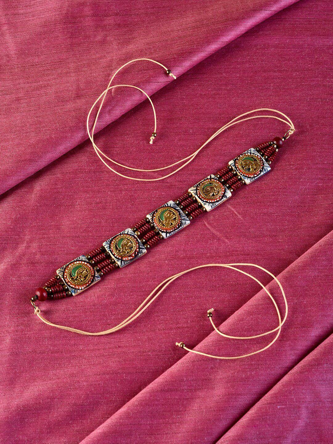 aakriti art creations maroon & gold-toned tribal dhokra square choker necklace