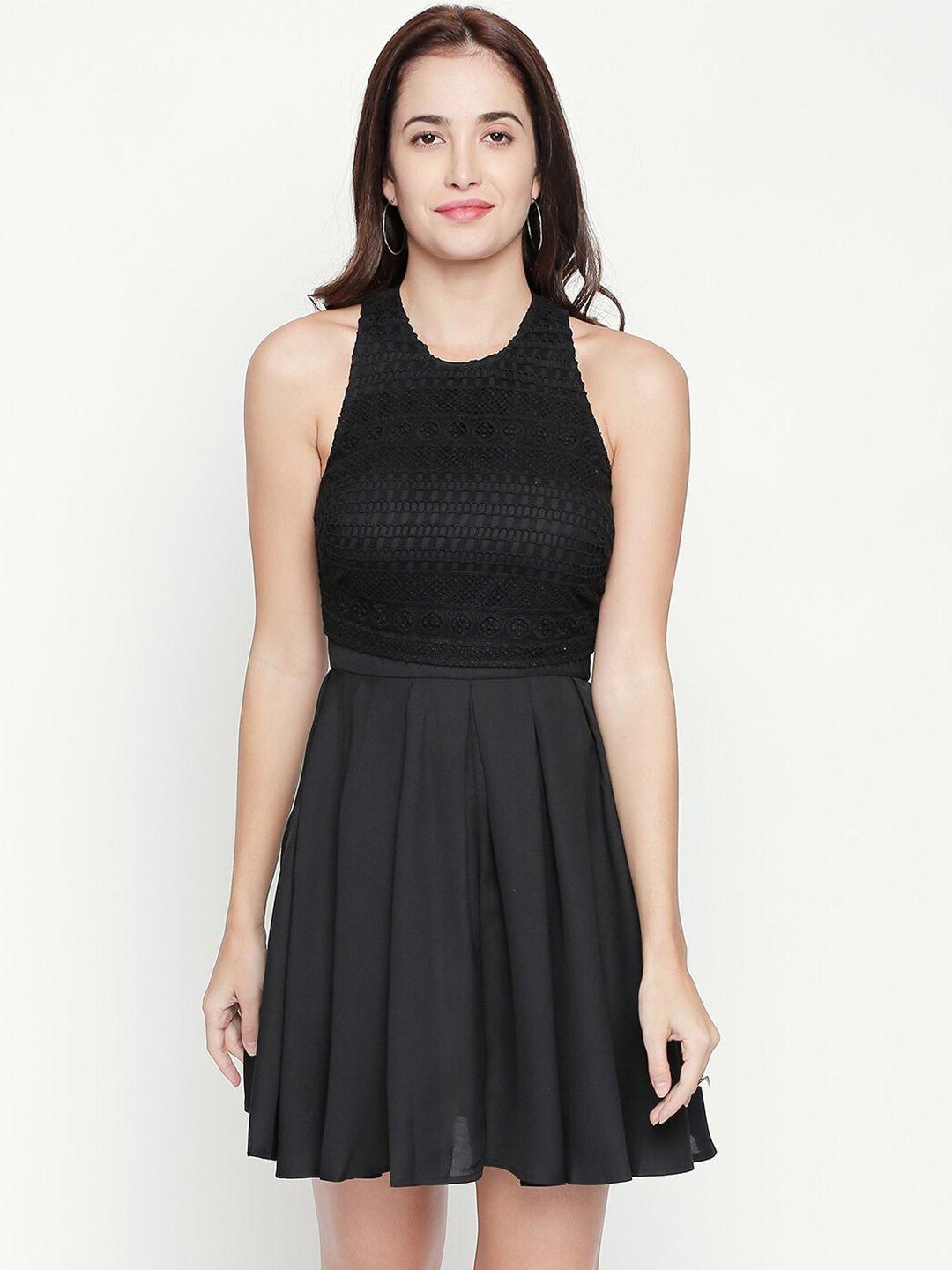 aaliya black solid georgette fit & flare dress