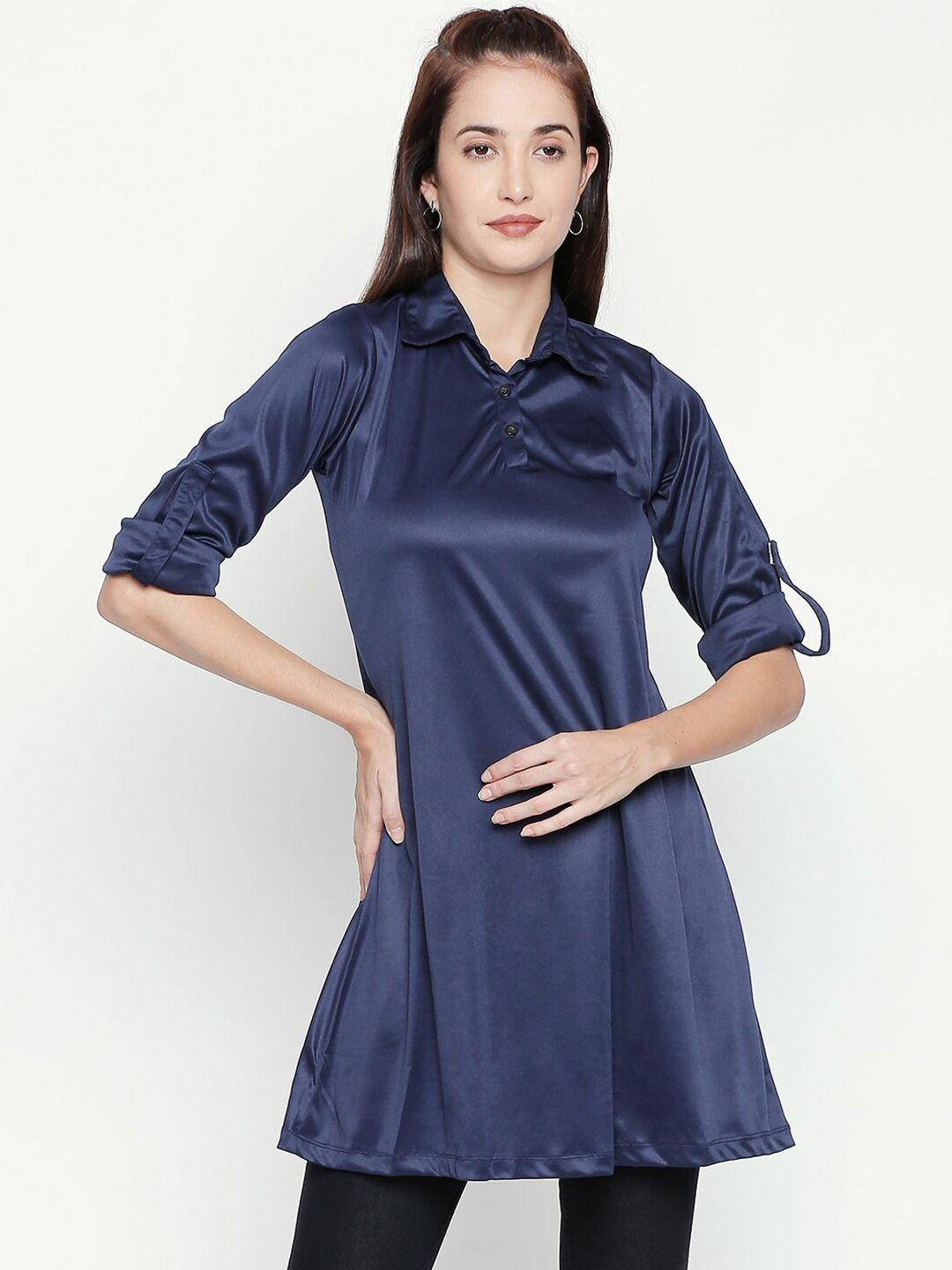 aaliya blue roll-up sleeves satin longline top