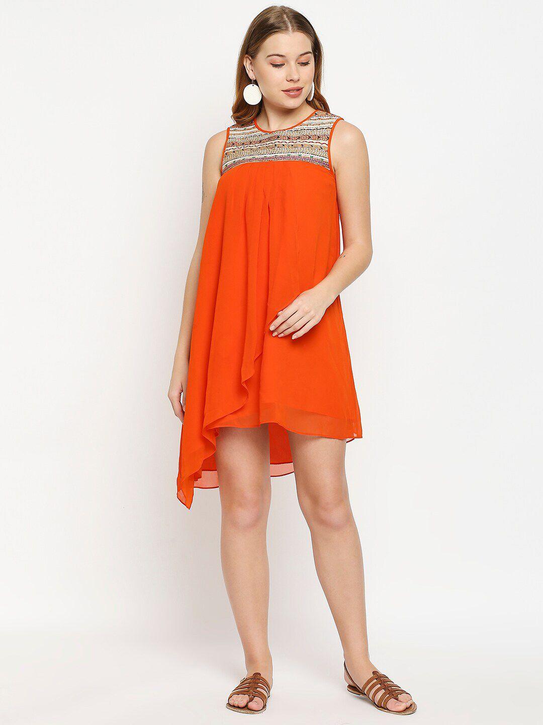 aaliya orange georgette embroidered a-line dress