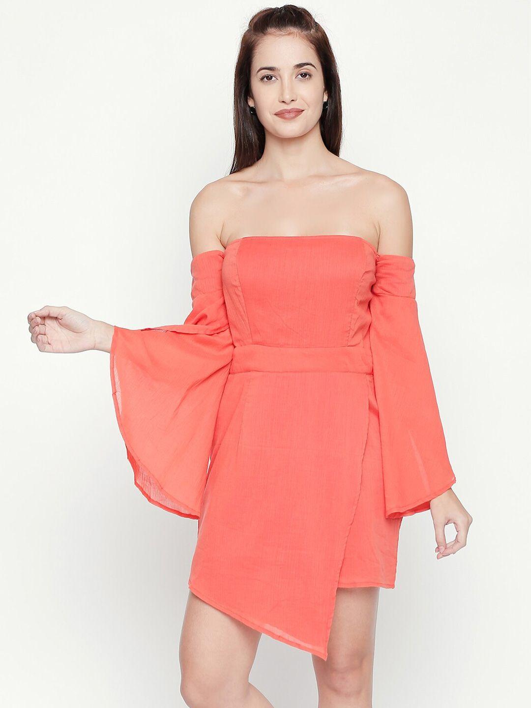 aaliya peach-coloured off-shoulder georgette sheath dress