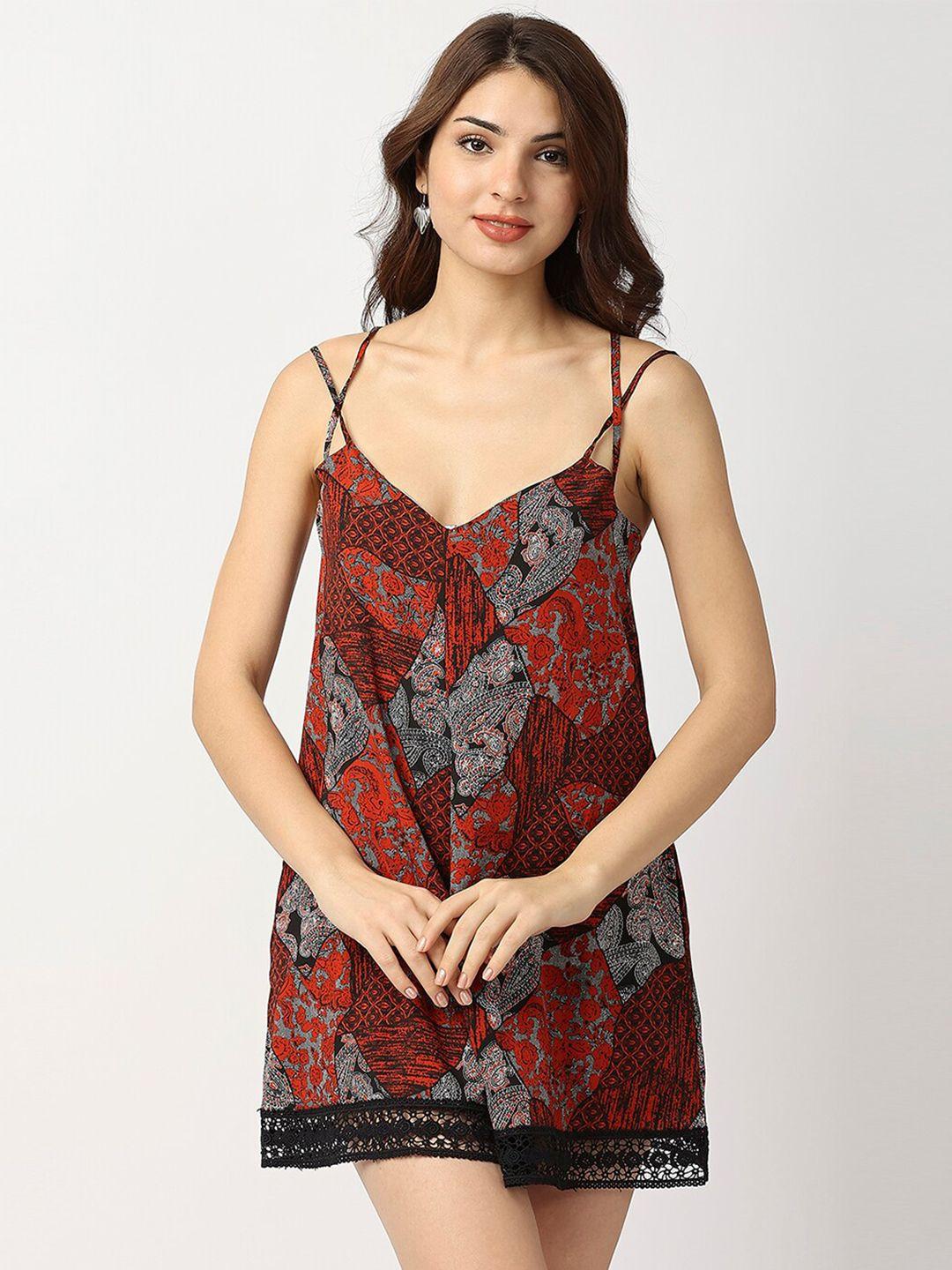 aaliya red & grey printed with lace inserts jumpsuit