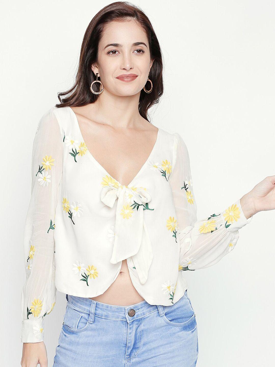 aaliya white floral embroidered plunging neck georgette top