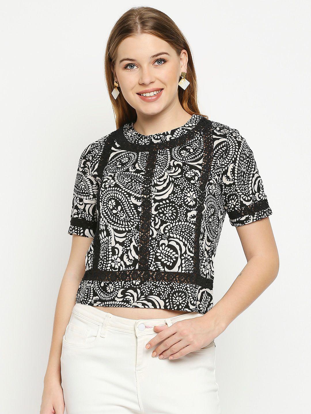 aaliya women black & white print high neck crepe regular crop top