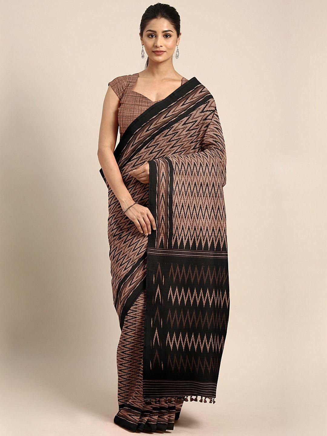 aamna brown & black cotton blend printed tussar saree