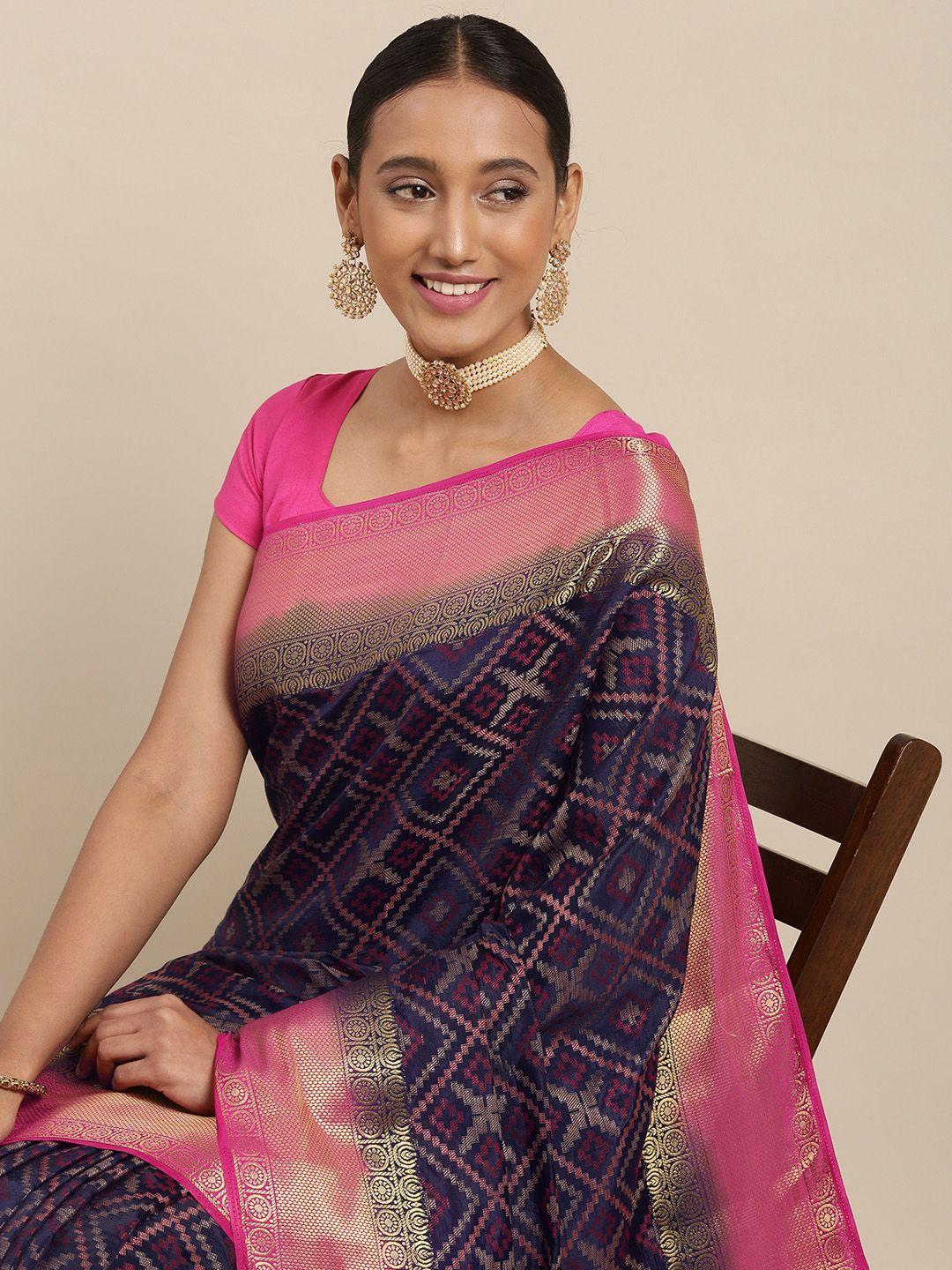 aamna navy blue & pink geometric design mysore silk saree