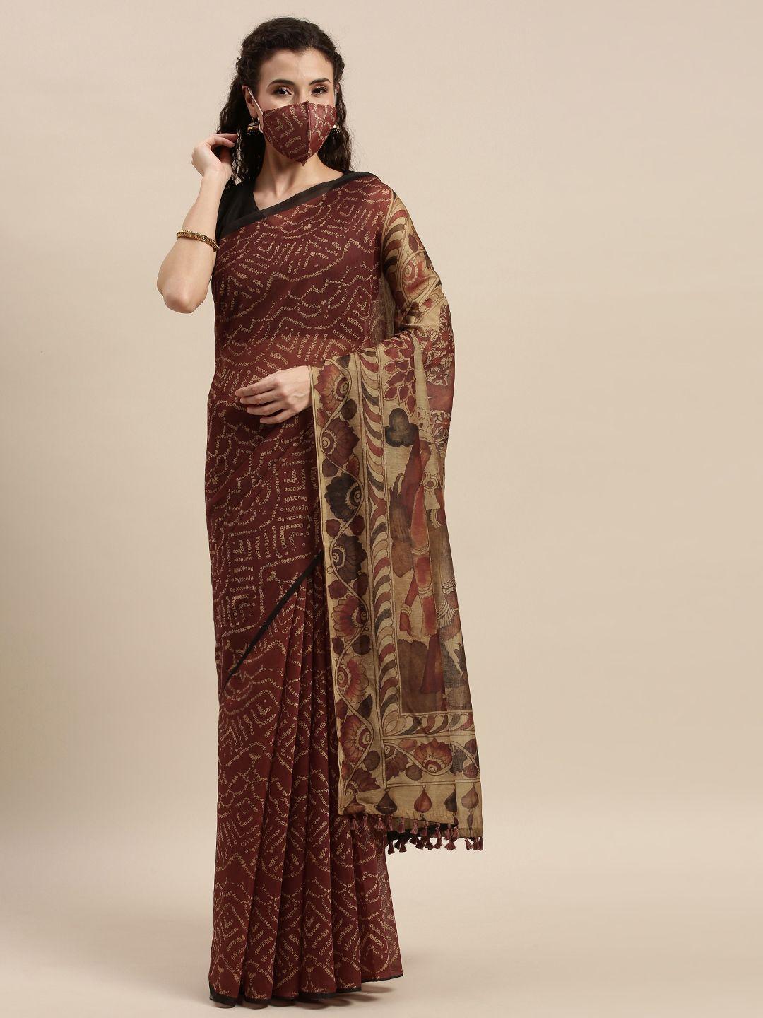 aamna red & beige silk cotton printed bandhani saree