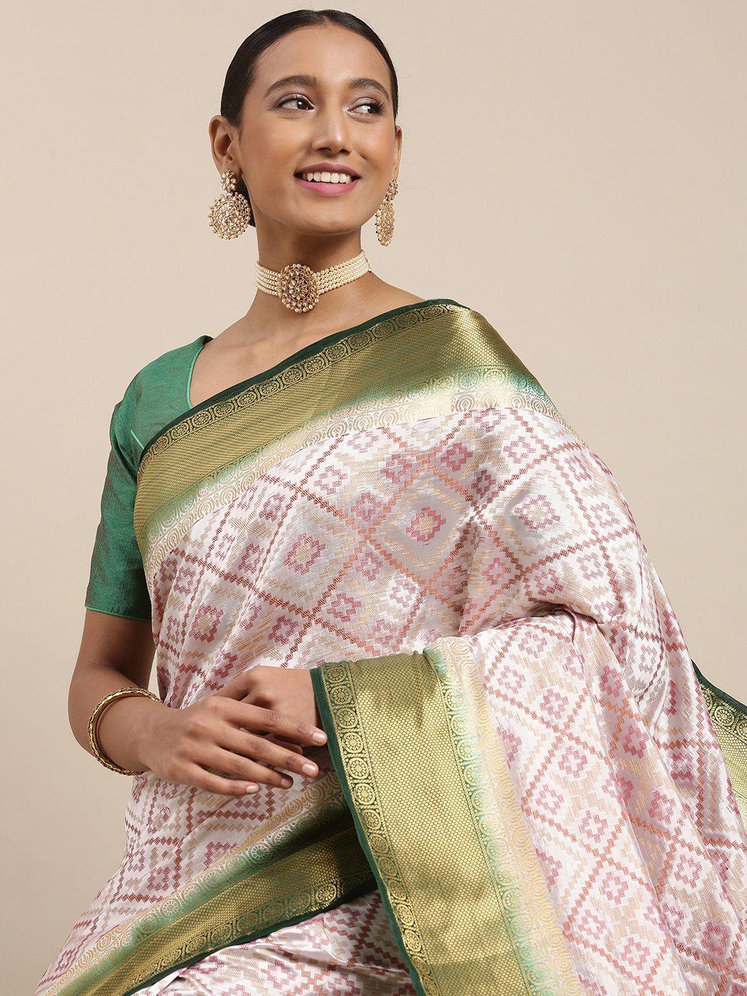 aamna white & green geometric design mysore silk saree