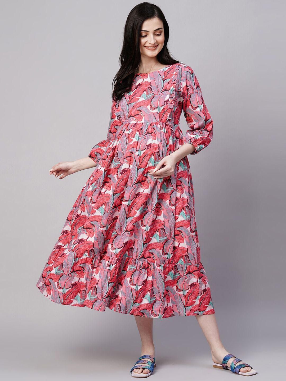 aanyor florals print puff sleeves gathered detail cotton maternity fit and flare dress