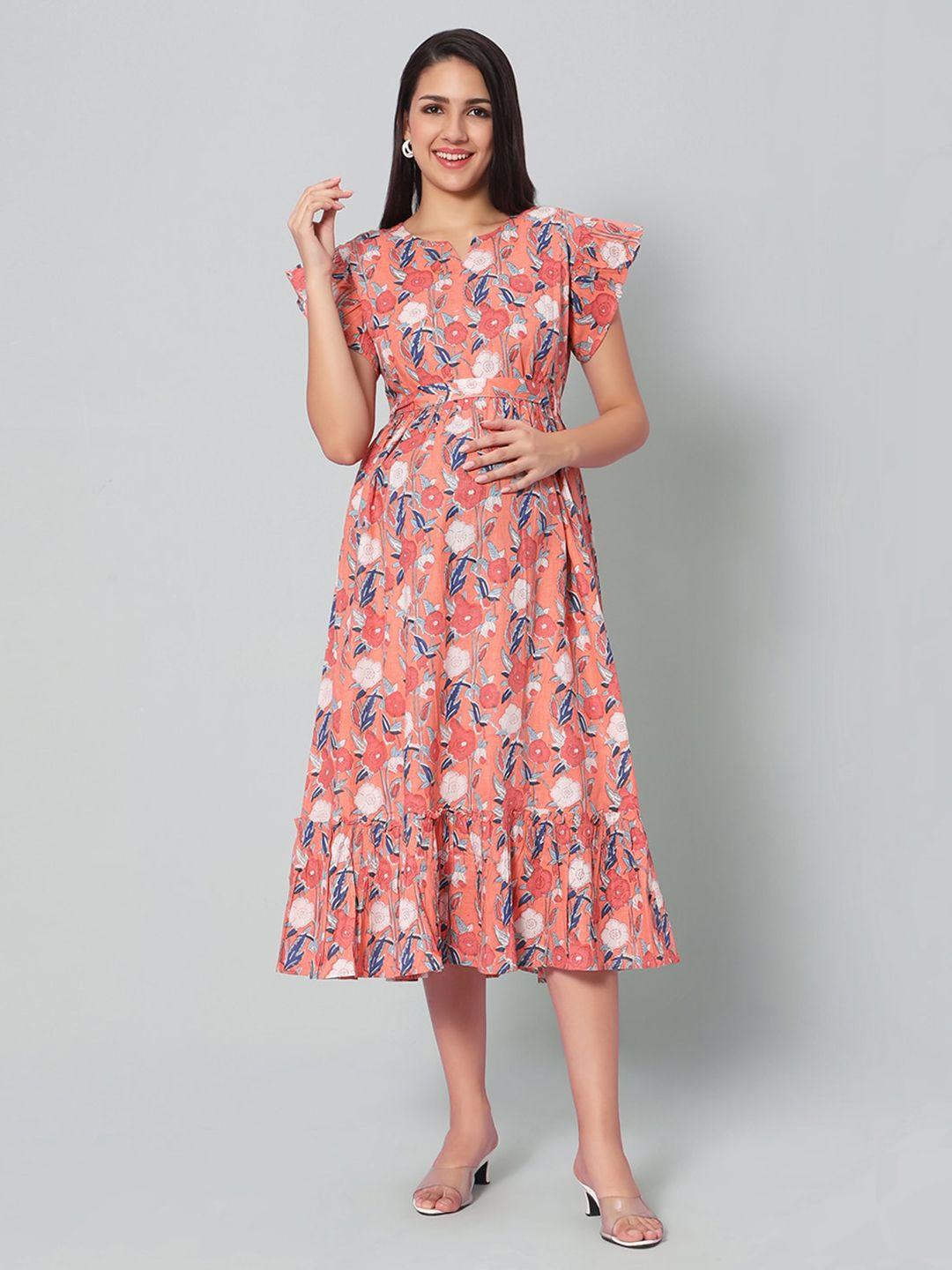 aanyor floral print maternity pure cotton fit & flare midi dress