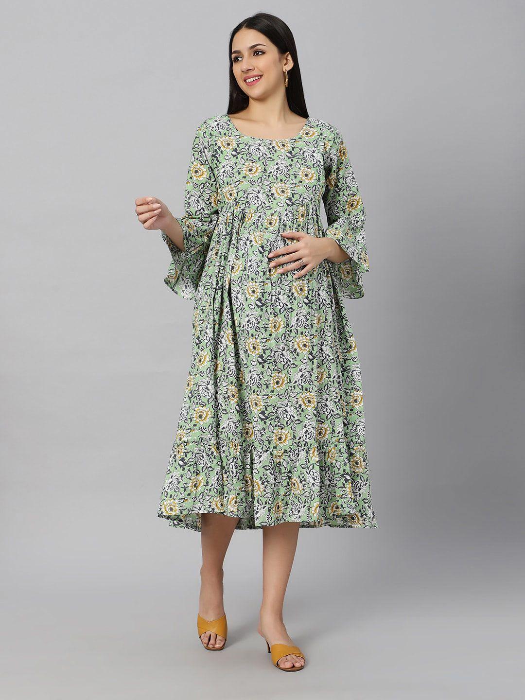 aanyor green floral print bell sleeve maternity a-line midi dress