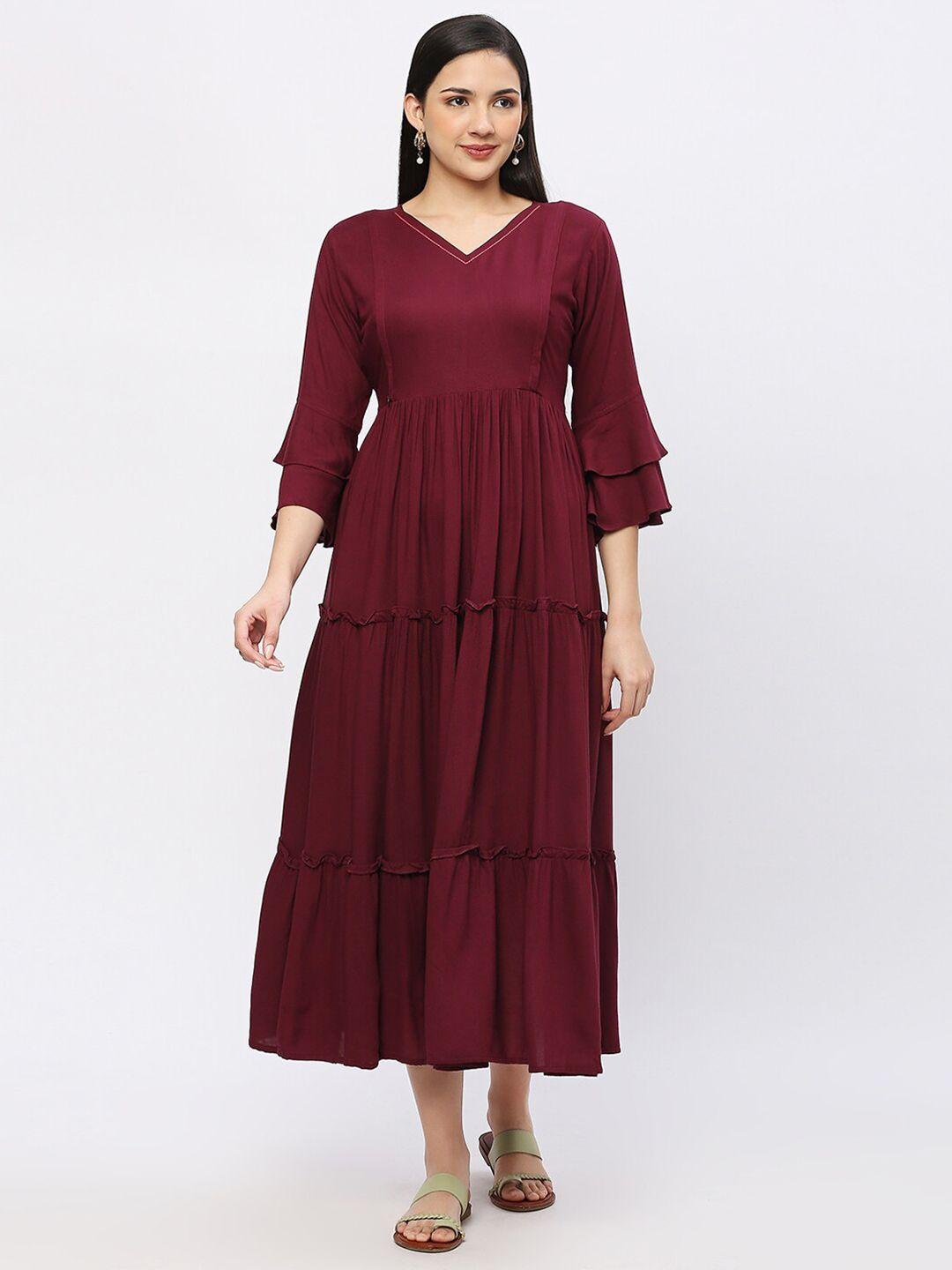 aanyor v-neck bell sleeve tiered cotton maternity & nursing fit & flare midi dress