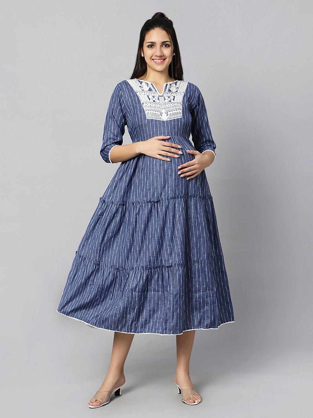 aanyor yoke embroidered and striped maternity fit & flare midi dress