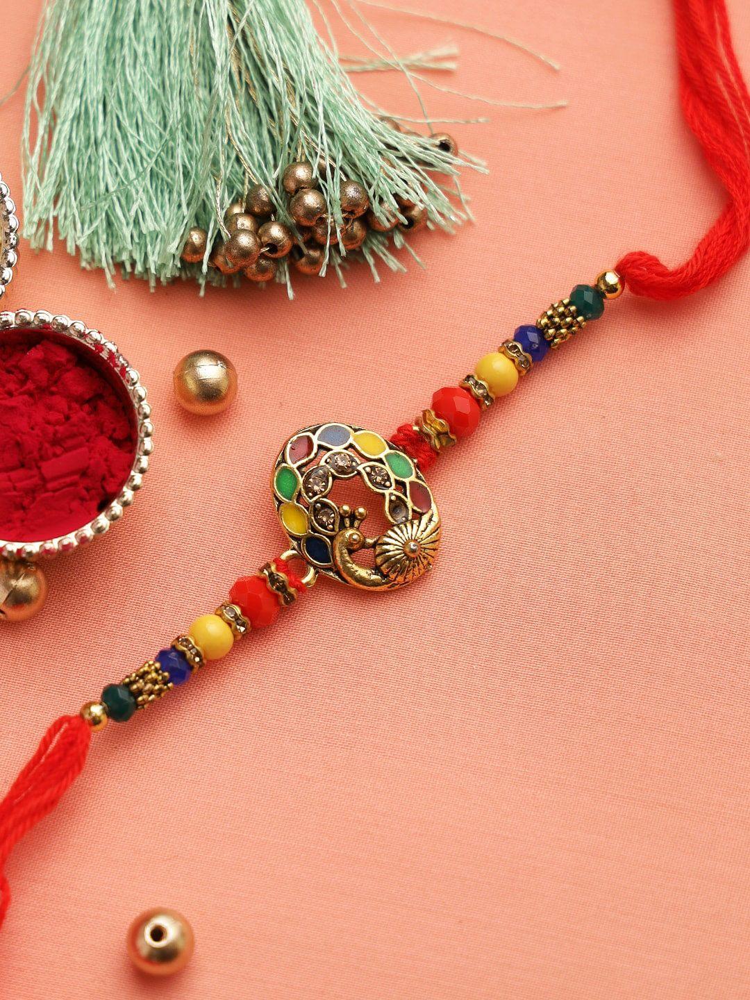 aapno rajasthan multicoloured beaded meenakari peacock rakhi