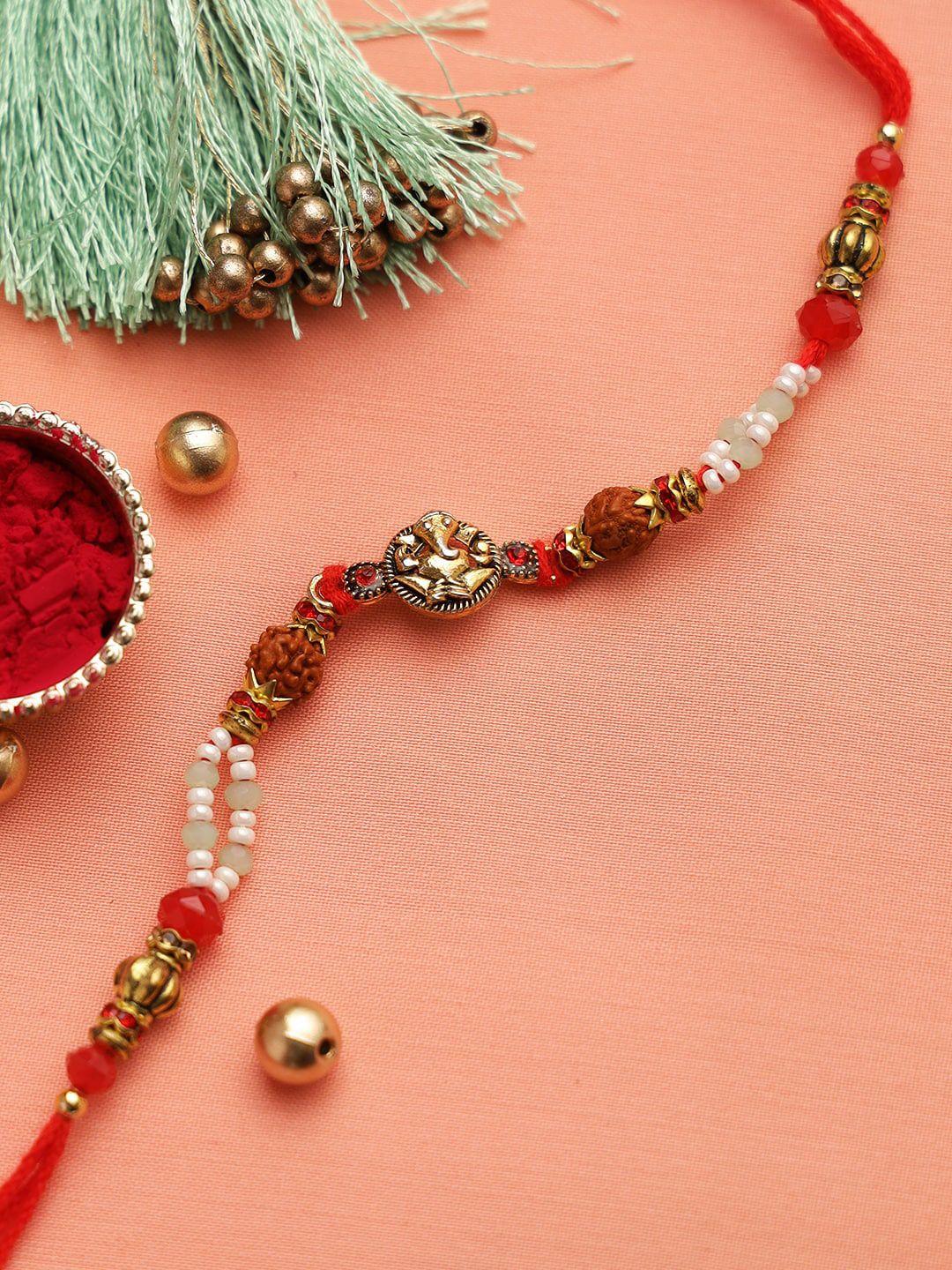 aapno rajasthan red & gold toned rudraksh & ganapati beaded thread rakhi