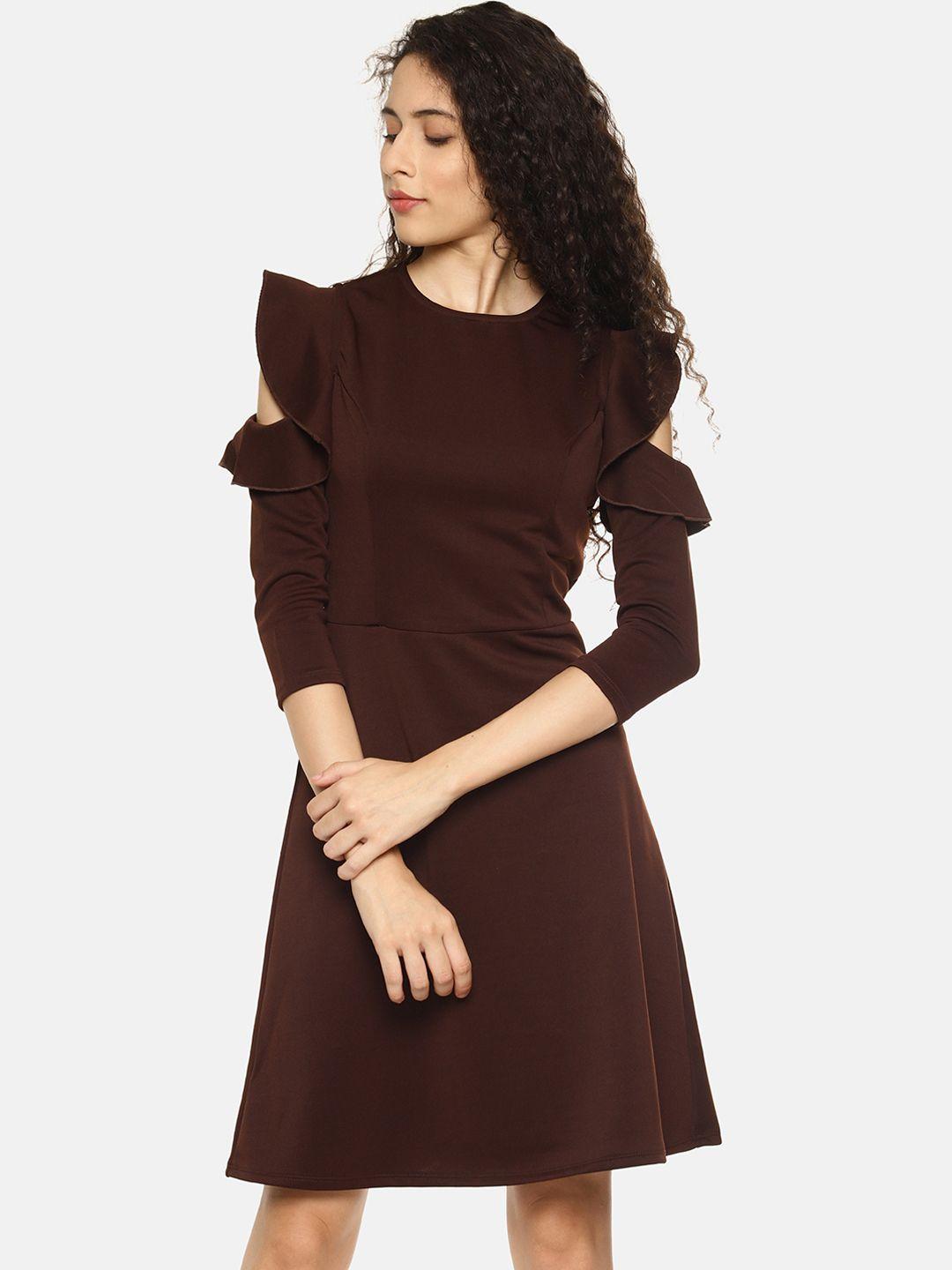 aara women coffee brown solid fit and flare dress