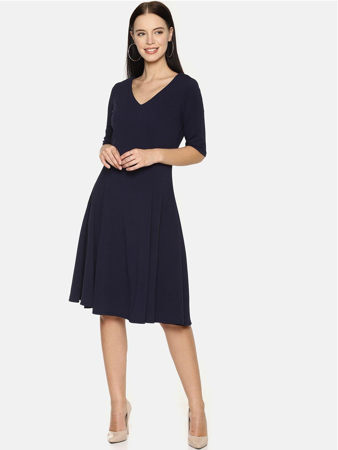 aara women navy blue solid fit and flare dress
