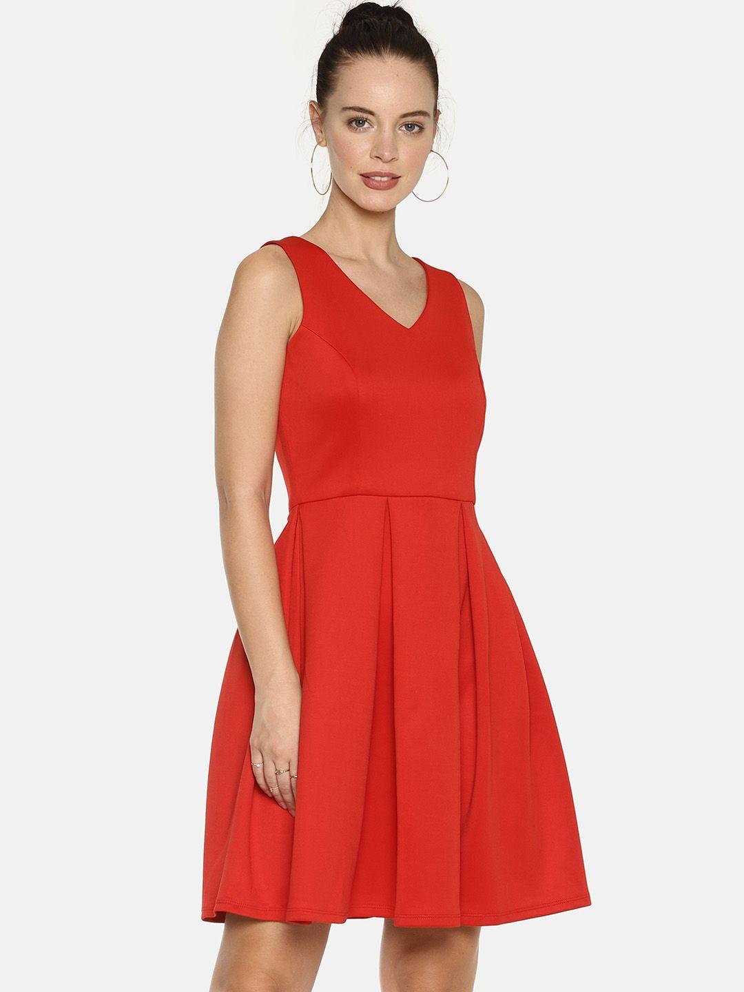 aara women red solid fit and flare dress