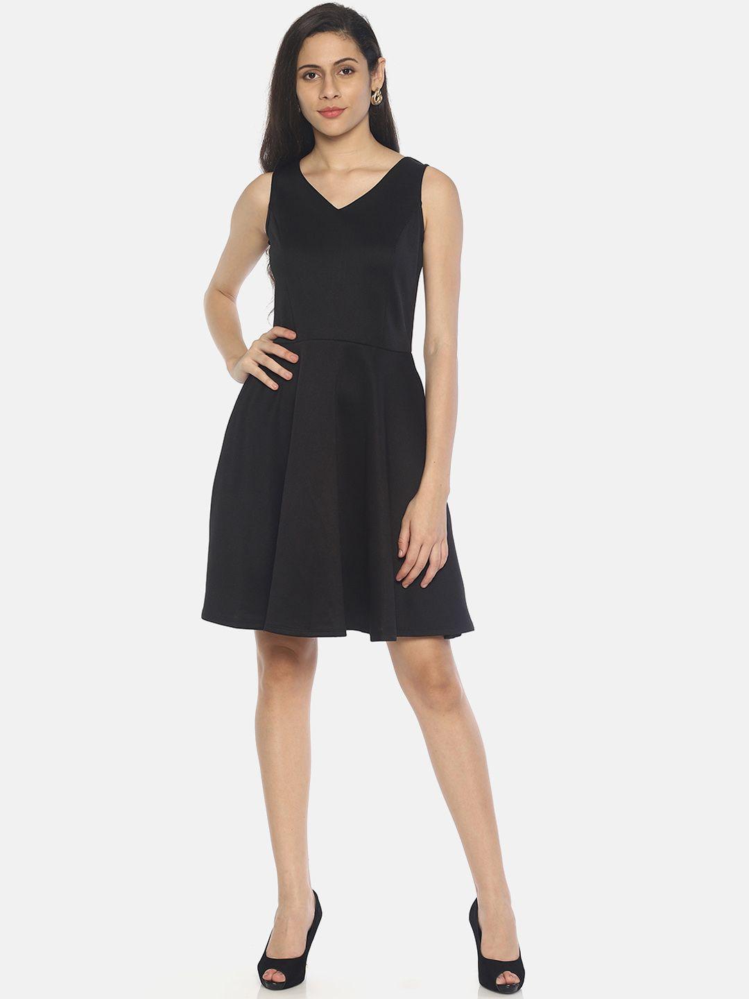 aara women solid black fit and flare dress