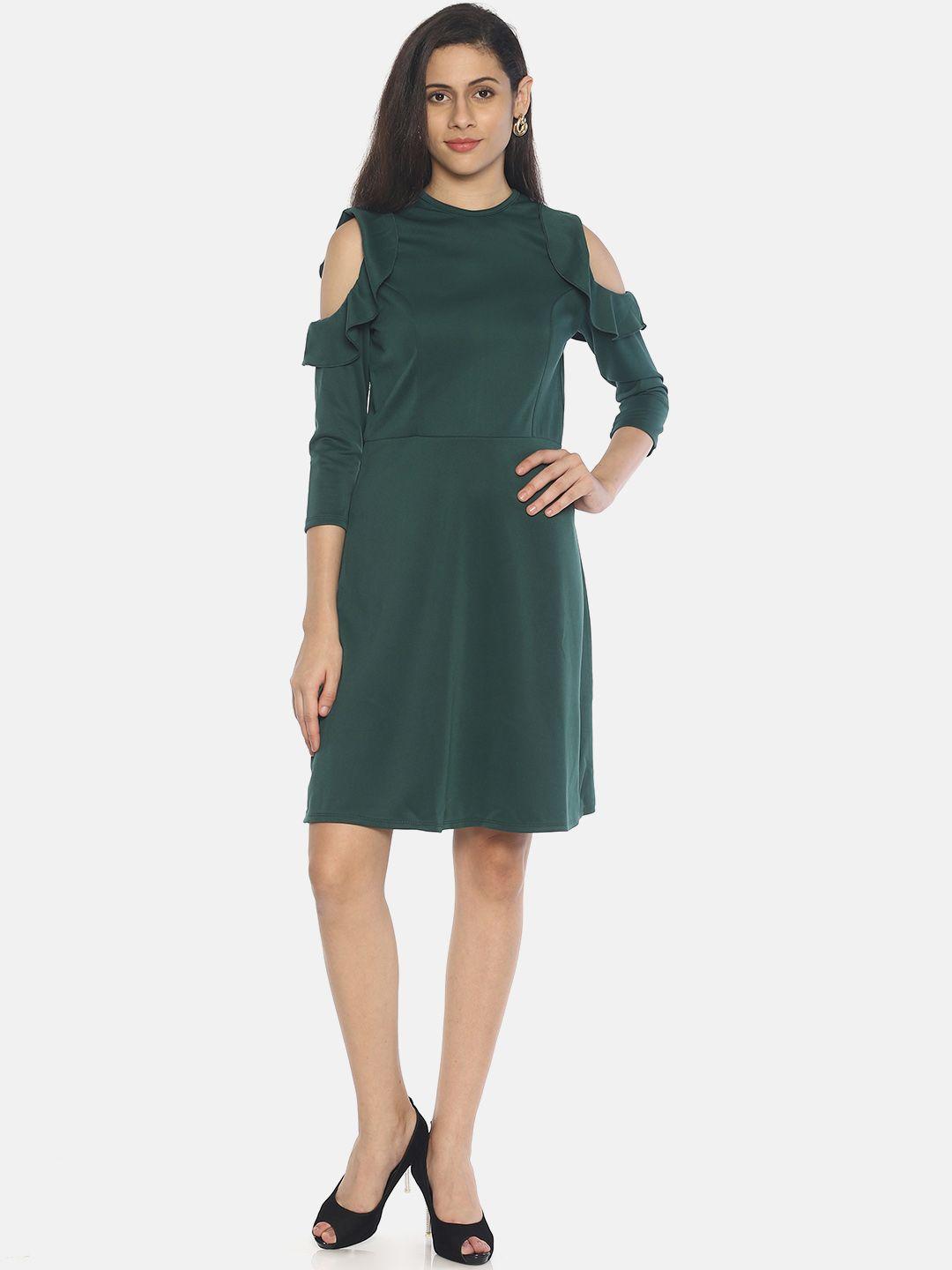 aara women solid green fit and flare dress