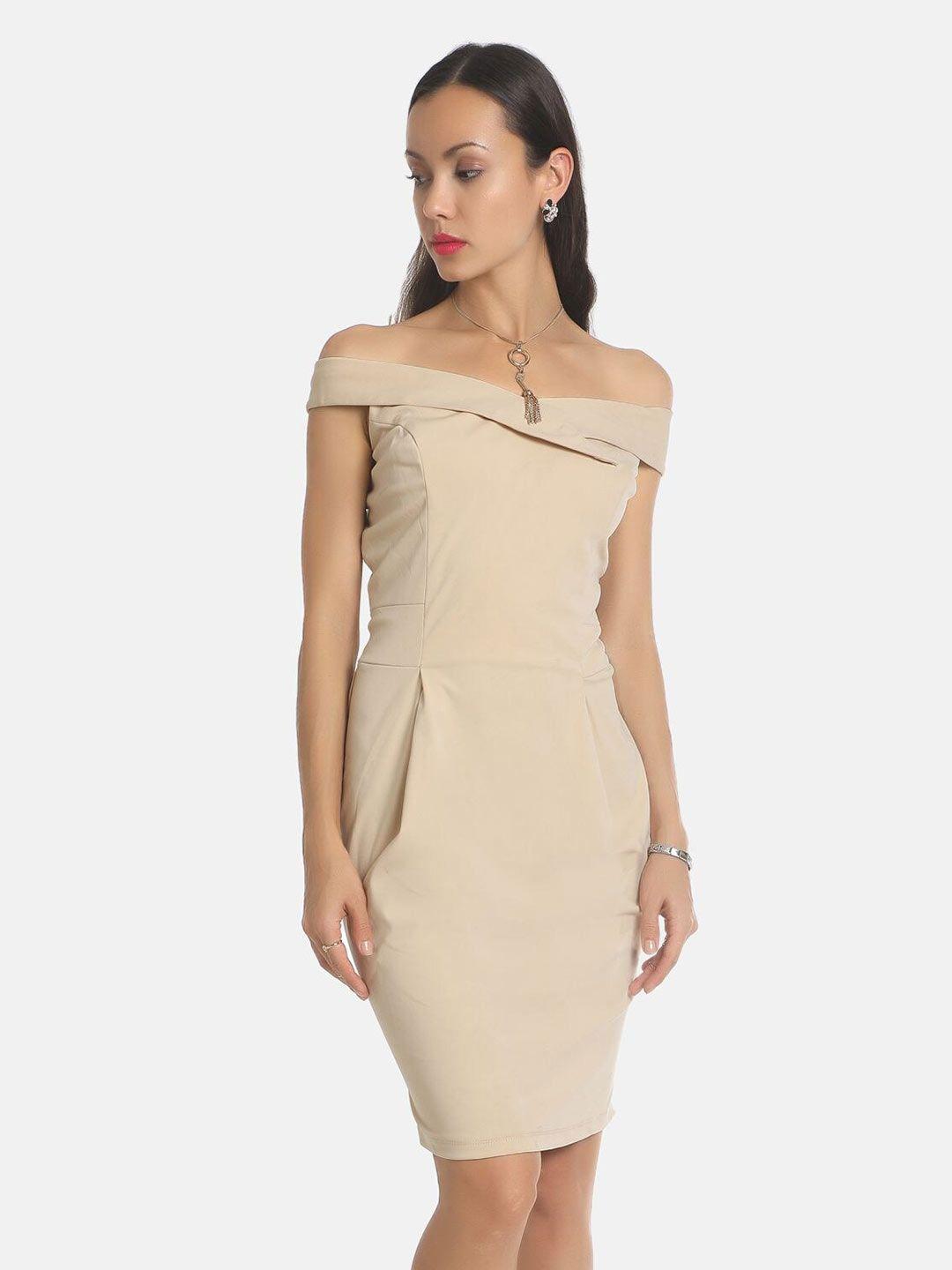 aara beige off-shoulder sheath dress