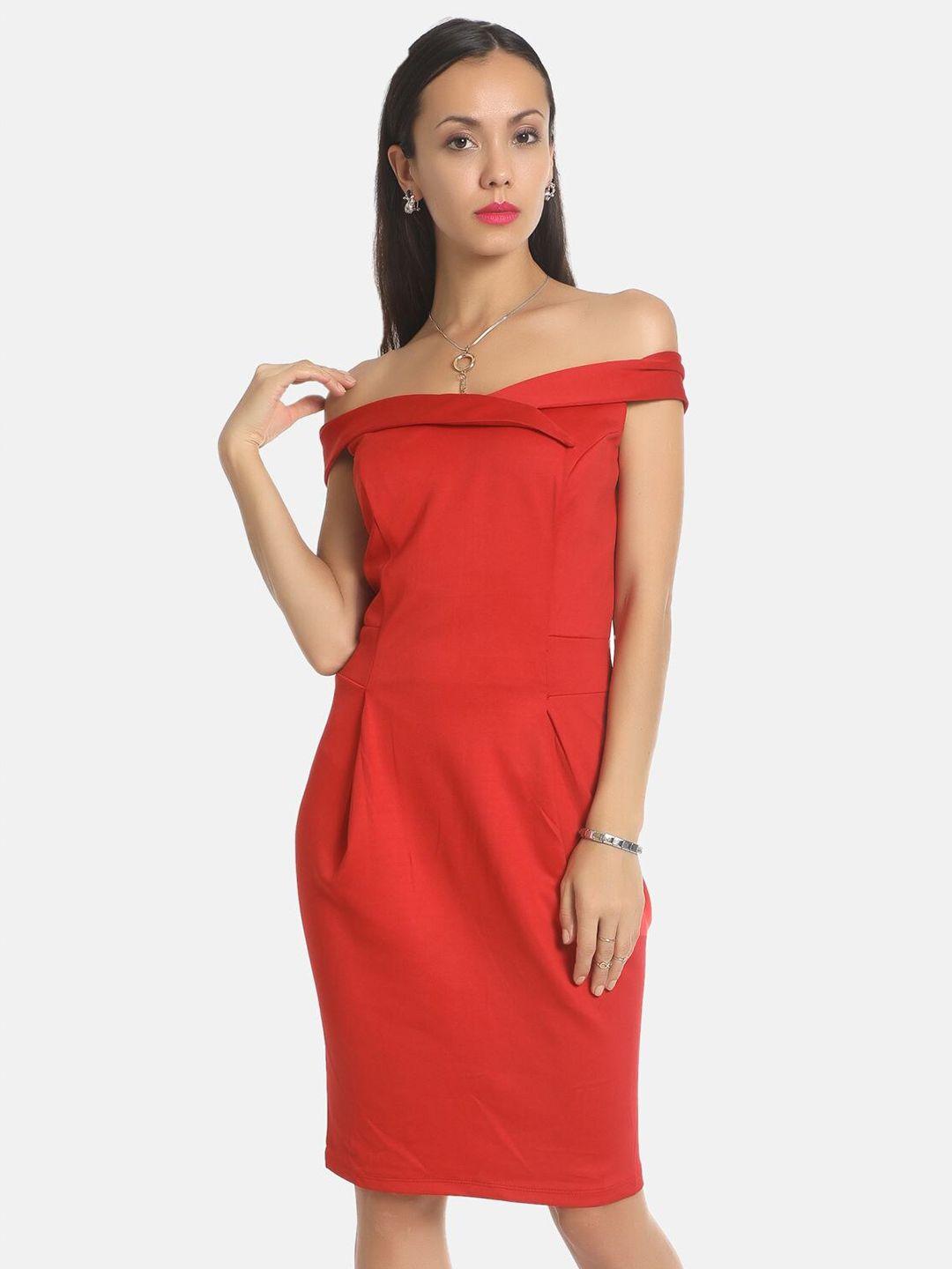 aara red solid off-shoulder sheath dress