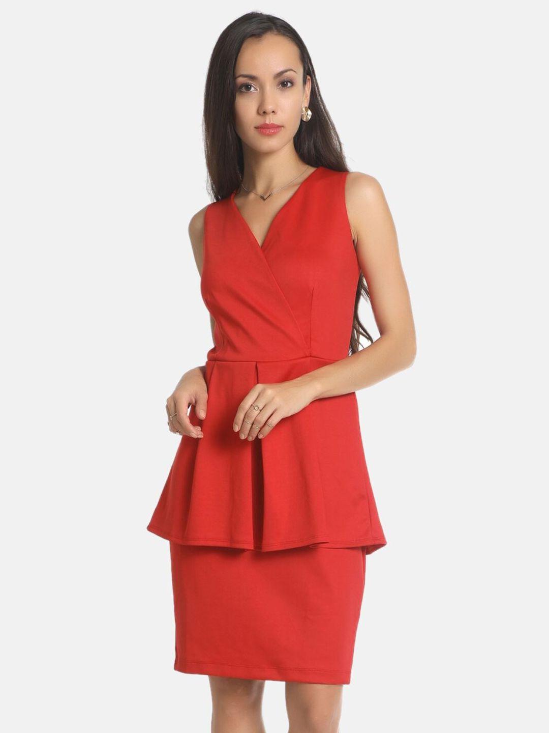 aara red solid v-neck peplum dress