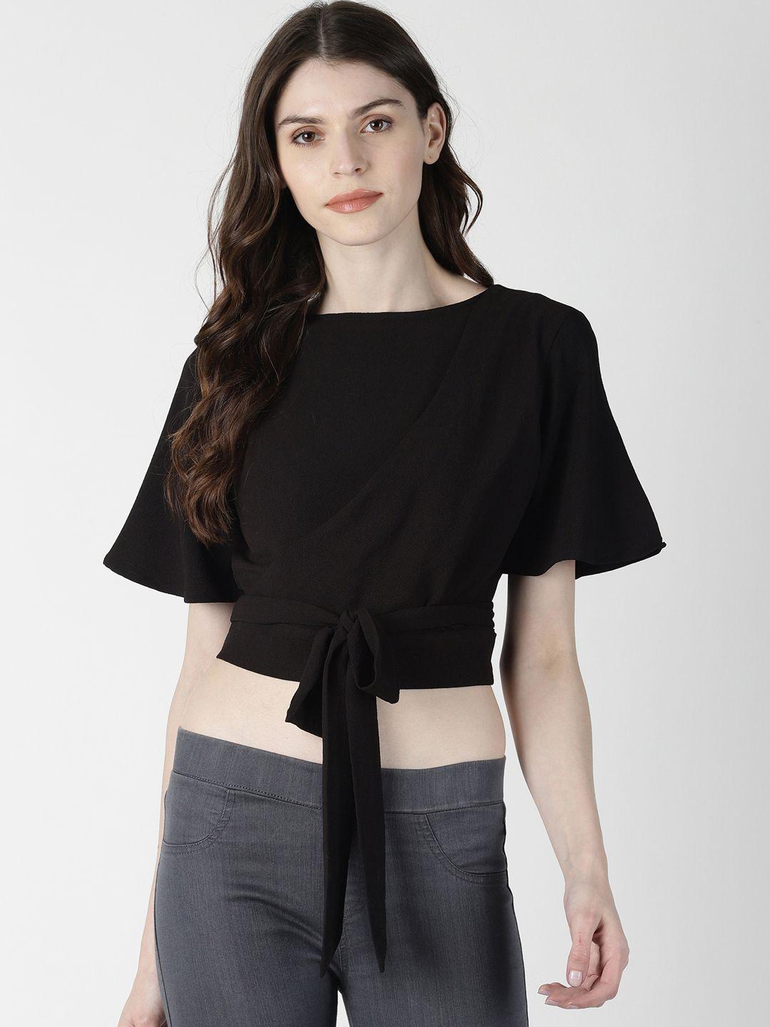 aara women black solid styled back crop top