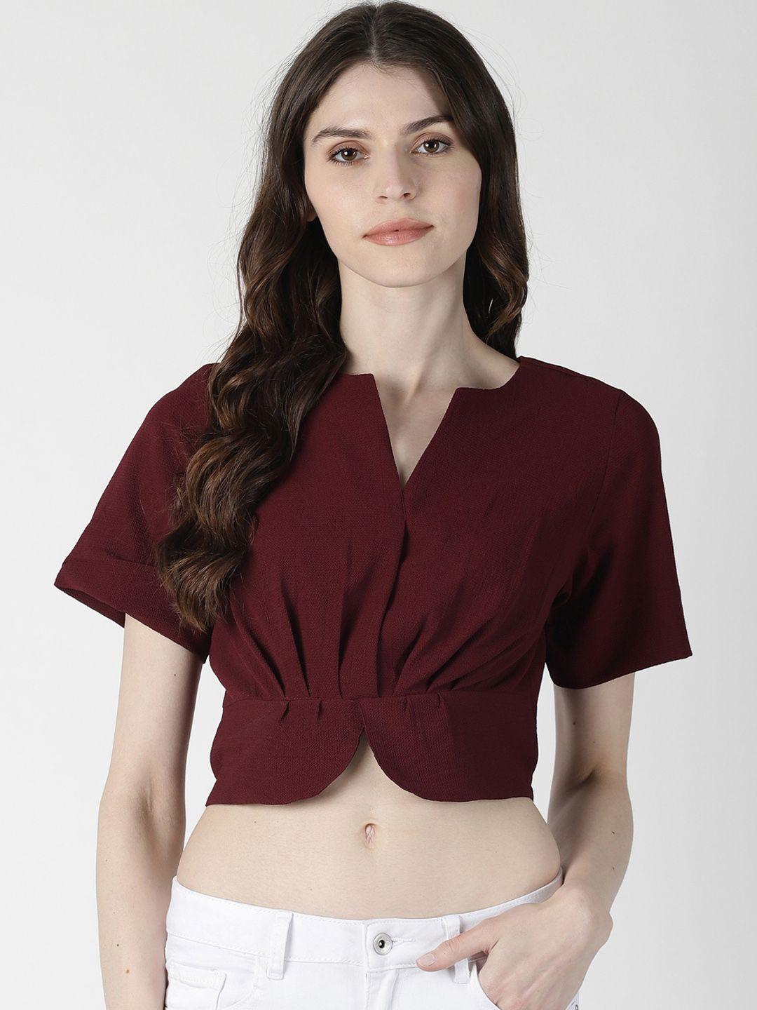 aara women burgundy solid cinched waist crop top