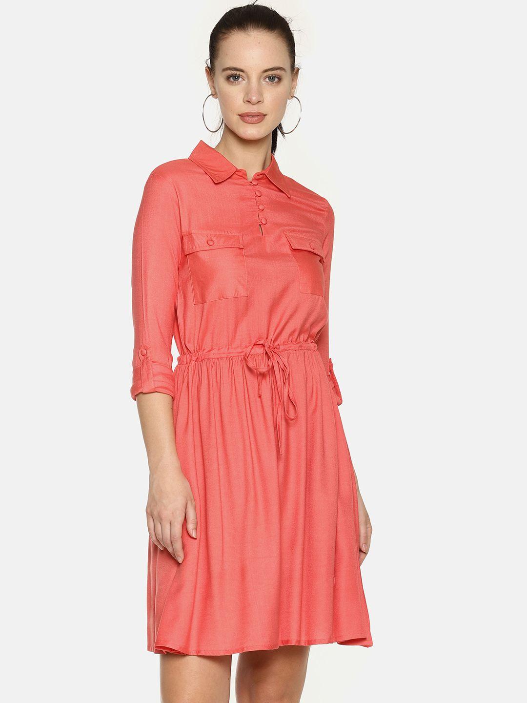 aara women coral pink solid shirt dress