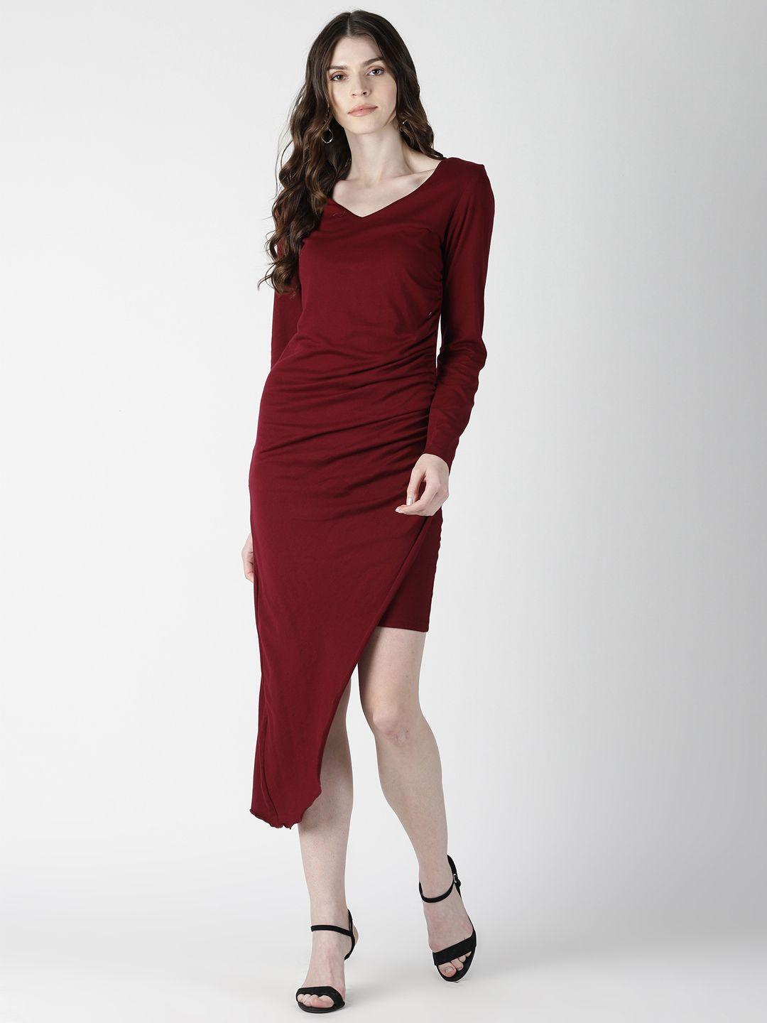 aara women maroon solid sheath asymmetric dress