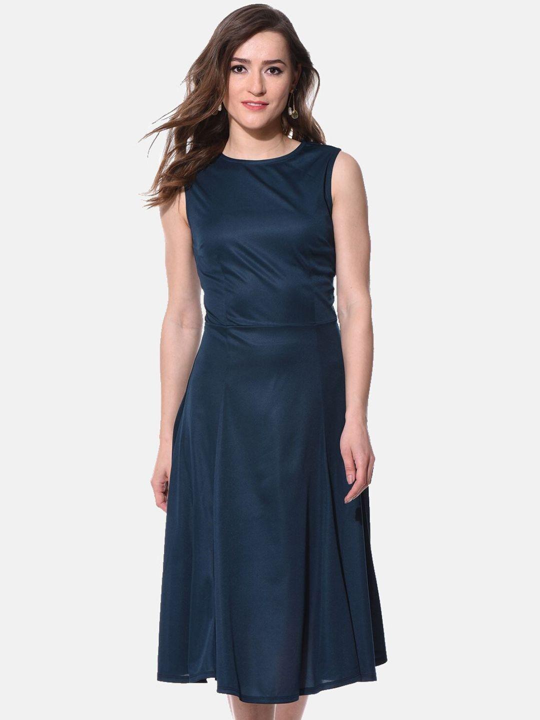 aara women navy blue solid round- neck fit & flare dress
