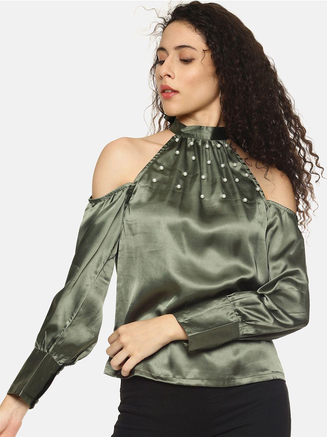 aara women olive green solid styled back top