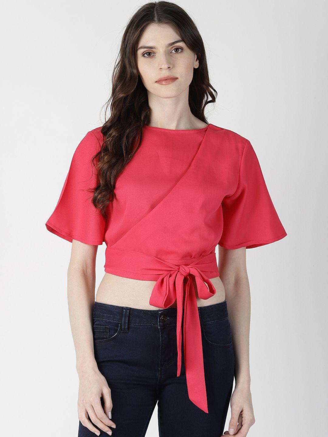 aara women pink solid styled back crop top