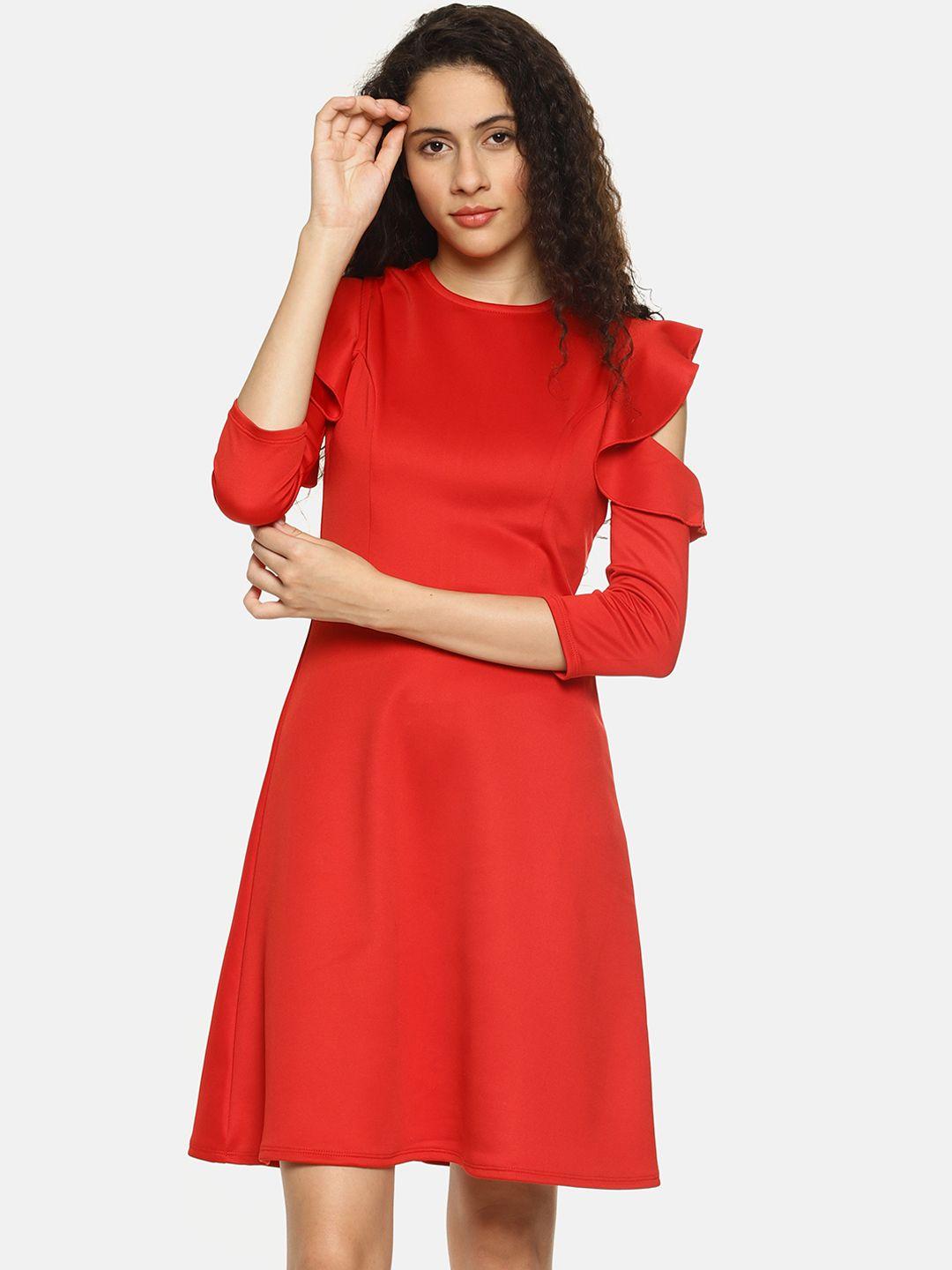 aara women red solid fit & flare dress