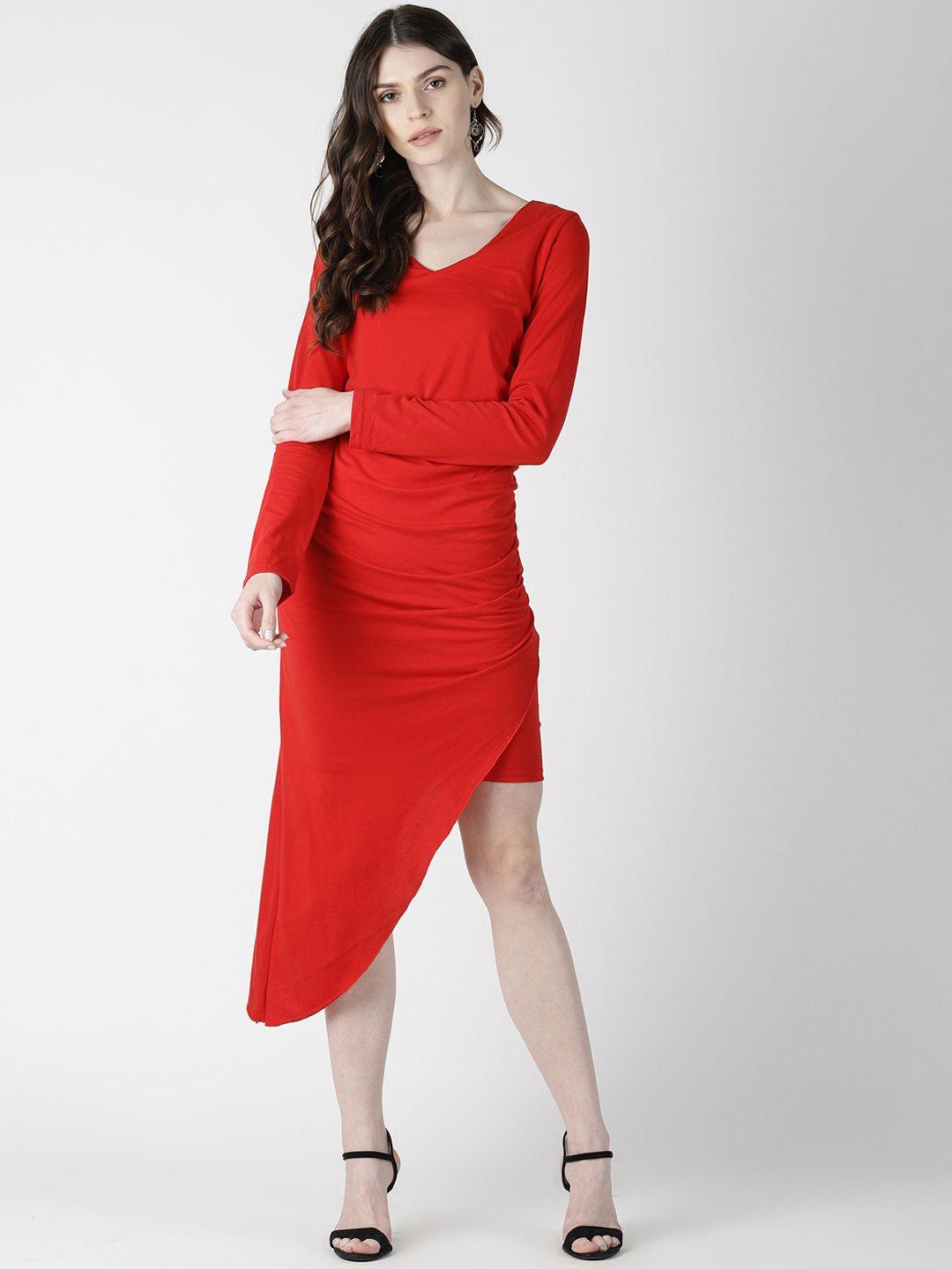 aara women red solid sheath asymmetric hem dress